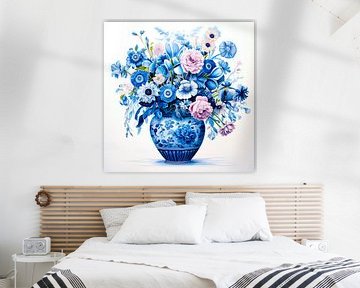 Blauer Blumenstrauß in blauer Steinvase von Vlindertuin Art