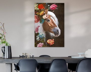 Tête de cheval entourée de fleurs / portrait Haflinger sur Photography art by Sacha