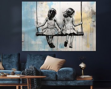 Two Girls on a Swing | Banksy Style Urban Art van Blikvanger Schilderijen