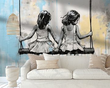Two Girls on a Swing | Banksy Style Urban Art van Blikvanger Schilderijen