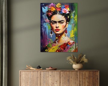 Frida in moderne kleuren | Portret. Muurkunst. Digitale Deco Muur Kunst. Woondecoratie. Acryl. Kleuren. van ColorWorldwide