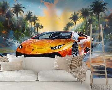 Gele Lamborghini Muurkunst. Digitale Deco Muur Kunst. Home Decor. Acryl. Kleuren. Lambo. droomauto. supersportauto van ColorWorldwide