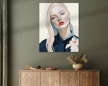 Modern geïllustreerd portret in blauw, wit en rood van Carla Van Iersel