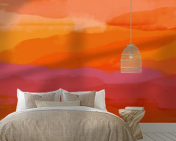 Colorful home. Abstract landscape painting in orange, yellow, purple, pink by Dina Dankers