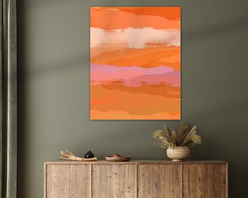 Kleurrijk huis. Abstract landschapsschilderij in zalm, oranje, terracotta, lichtpaars van Dina Dankers