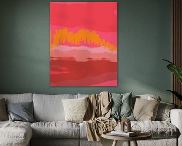 Maison colorée. Peinture abstraite de paysage en jaune, rose, rouge, marron, violet. sur Dina Dankers