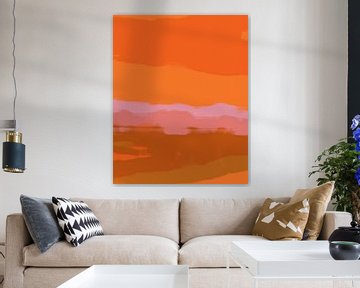 Maison colorée. Peinture abstraite de paysage en orange, rose, violet clair, marron. sur Dina Dankers