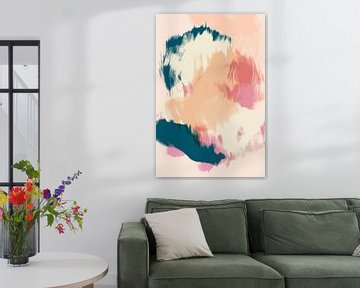 Abstract schilderij in pastelkleuren. Blauw, roze, zalm en wit van Dina Dankers