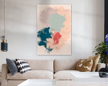 Abstract schilderij in pastelkleuren. Blauw, roze, paars en wit van Dina Dankers