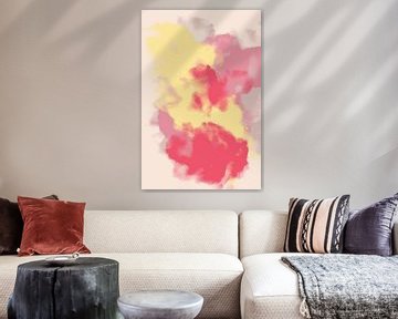 Abstract schilderij in pastelkleuren. Geel, roze, paars, wit van Dina Dankers