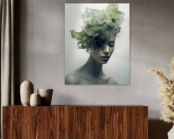 Abstract portret in groentinten van Carla Van Iersel