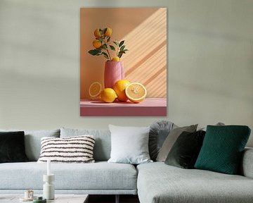 Still life in pink and orange of a vase with oranges by Studio Allee