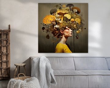 A woman entwined with nature, with mushrooms and flowers on her head by Laila Bakker