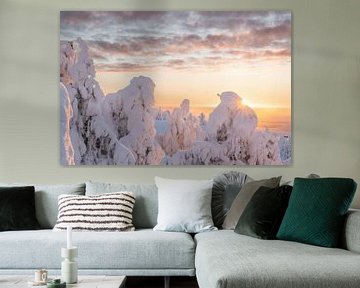 Marshmallow bomen zonsopgang | reisfotografie print | Ruka, Lapland van Kimberley Jekel