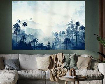 Vintage print in blauw van tropisch landschap van Studio Allee