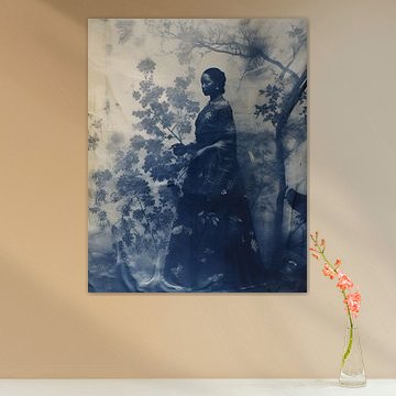 Vintage-Druck in Blau einer Frau in einer tropischen Landschaft von Studio Allee