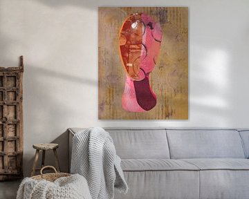 Abstracte vrouw. Minimalistisch portret in roze, merlotrood, neonroze en geel van Dina Dankers