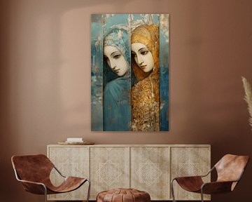 Decorative, antique-looking fresco of two women by Felix Wiesner