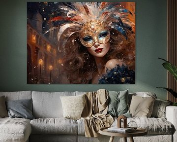 Vrouw met masker uit Venetië | Portret. Muurkunst. Acryl. Digitale Deco Muurkunst. Woondecoratie. Kleuren van ColorWorldwide