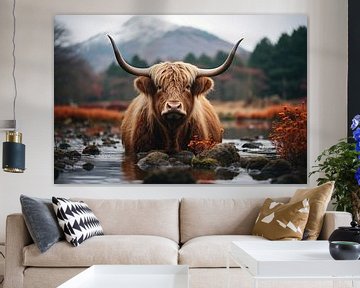 Schotse hooglander in een rivier van Digitale Schilderijen
