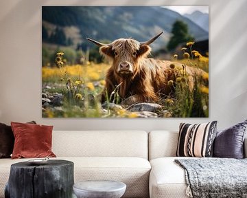 Scottish highlander among yellow flowers by Digitale Schilderijen