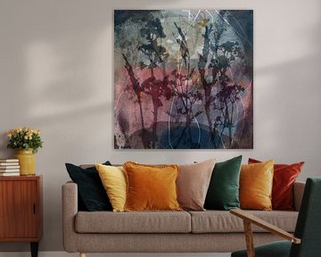 Modern abstract botanical art. Flowers and plants in pink, blue and grey by Dina Dankers