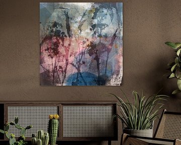 Moderne abstracte botanische kunst. Bloemen en planten in grijs, blauw, roze en paars