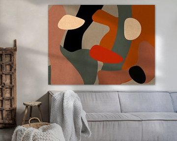 Moderne abstracte kunst. Organische vormen in heldere jaren 70 kleuren. Terracotta, zalmroze, warm grijs, baksteenrood en zwart