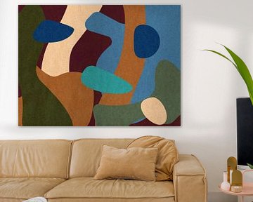 Modern abstract art. Organic shapes in bright 70s colors. Merlot red, sky blue,  olive green, terracotta and turquoise. by Dina Dankers
