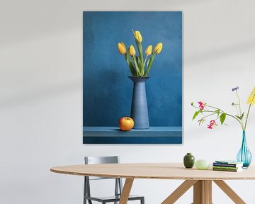 Yellow tulips in a blue vase van Umberto Giorgio