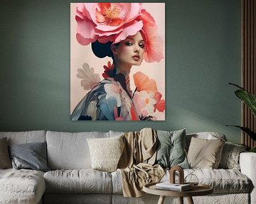 Modern portret met grote bloemen van Carla Van Iersel