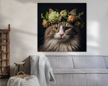 Kat met bloemenkrans op haar kop boho hippie stijl van Vlindertuin Art