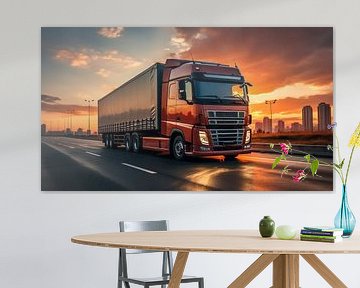 Truck on the Motorway in the Sunset Logistics Import Export Freight Truck Background by Animaflora PicsStock