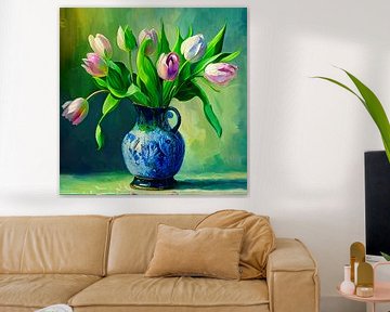 Tulipes roses sur vase bleu sur Lauri Creates