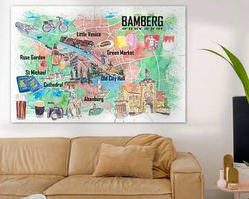 Bamberg Franken Illustrierte Reisekarte mit Straßen und Highlights