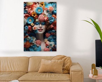 Sehr schöne Frau in tropischen Blumen in hallo Mode Stil bedeckt von Art Bizarre