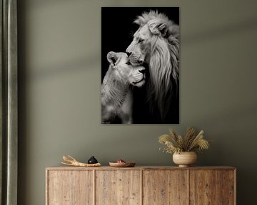 Amour du lion et de la lionne en noir et blanc sur Dunto Venaar