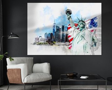 Aquarelle représentant la Statue de la Liberté avec un grand drapeau américain et la ligne d'horizon de New York en arrière-plan. sur Maria Kray