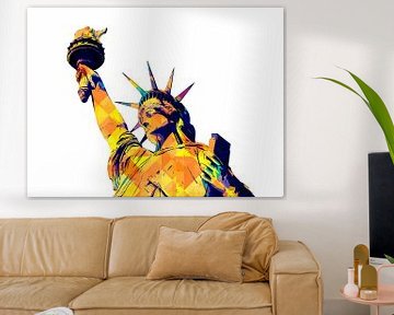 The Statue of Liberty isolated on white background, digital pop art design by Maria Kray