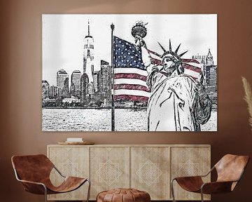 Drawing of Statue of Liberty with a large american flag and New York skyline in the background by Maria Kray