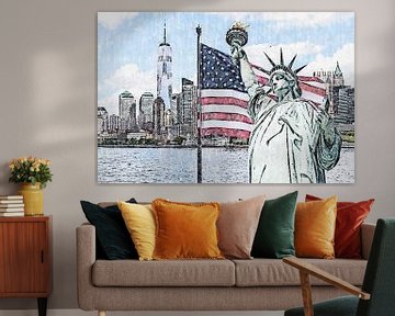 Freiheitsstatue mit großer amerikanischer Flagge und New Yorker Skyline im Hintergrund von Maria Kray