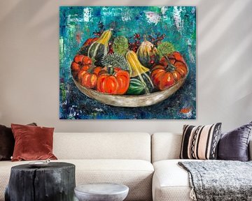 Pompoenen in de herfst, acrylverf van Astridsart