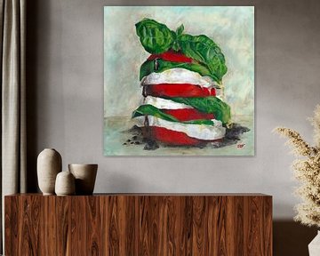 Italiaanse caprese salade geschilderd in acryl van Astridsart