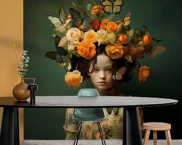 Meisje met feloranje bloemen en vlinders van Danny van Eldik - Perfect Pixel Design