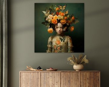 Fille avec des fleurs orange vif et des papillons sur Danny van Eldik - Perfect Pixel Design