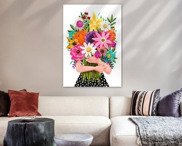 Vrouw die kleurrijke boeket bloemen vasthoudt op witte achtergrond van Aniet Illustration