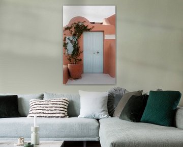 Blue door in orange building | travel photography print | Oia Santorini Greece by Kimberley Jekel