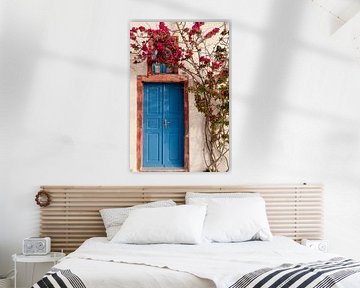 Blue door with bougainvillea | travel photography print | Oia Santorini Greece by Kimberley Jekel