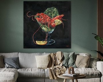 Cocktail de crevettes dans un verre, peinture à l'huile sur Astridsart