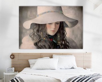 Elegant woman with jewellery and flap hat in grey and beige by The Art Kroep